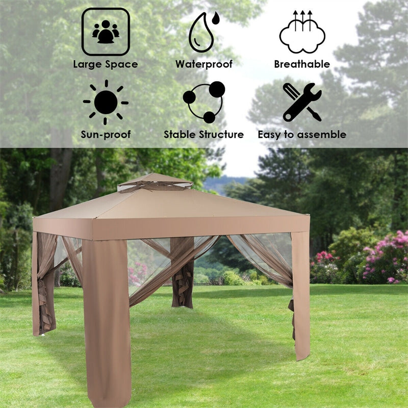 10 x 10 FT Patio Steel Gazebo with Netting, Vented Outdoor Canopy Gazebo Tent for House Party