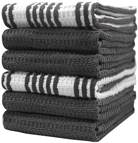 Premium Kitchen Towels (16”x 28”， 6 Pack) – Large Cotton Kitchen Hand Towels – Striped Waffle Yarn Dyed – 380 GSM Highly Absorbent Tea Towels Set with Hanging Loop - Grey…