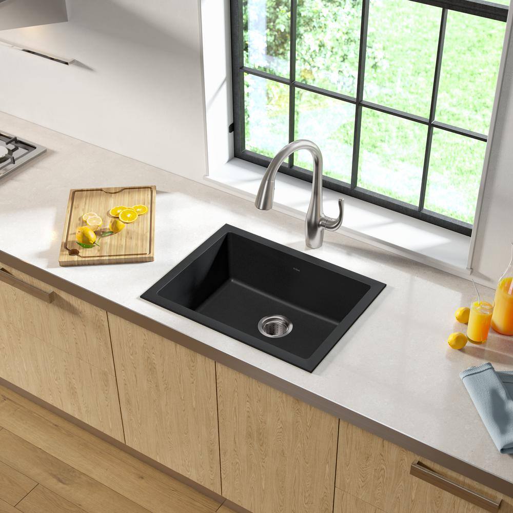 KRAUS Drop-inUndermount Granite Composite 24 in. Single Bowl Kitchen Sink Kit in Black KGD-410B