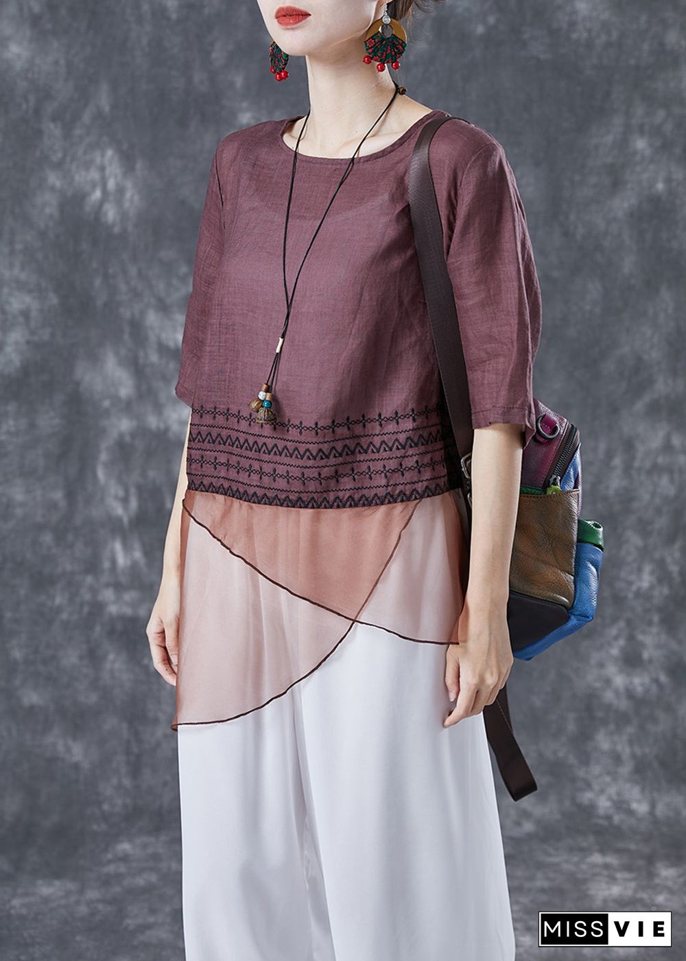 Brown Patchwork Linen Shirts Asymmetrical Embroideried Summer