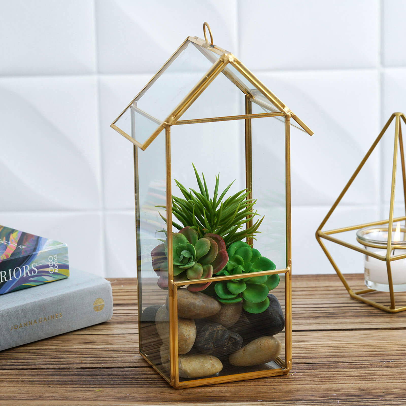 House Lantern Hanging Gold Metal Geometric Glass Terrarium, Multipurpose Air Plants Holder 11