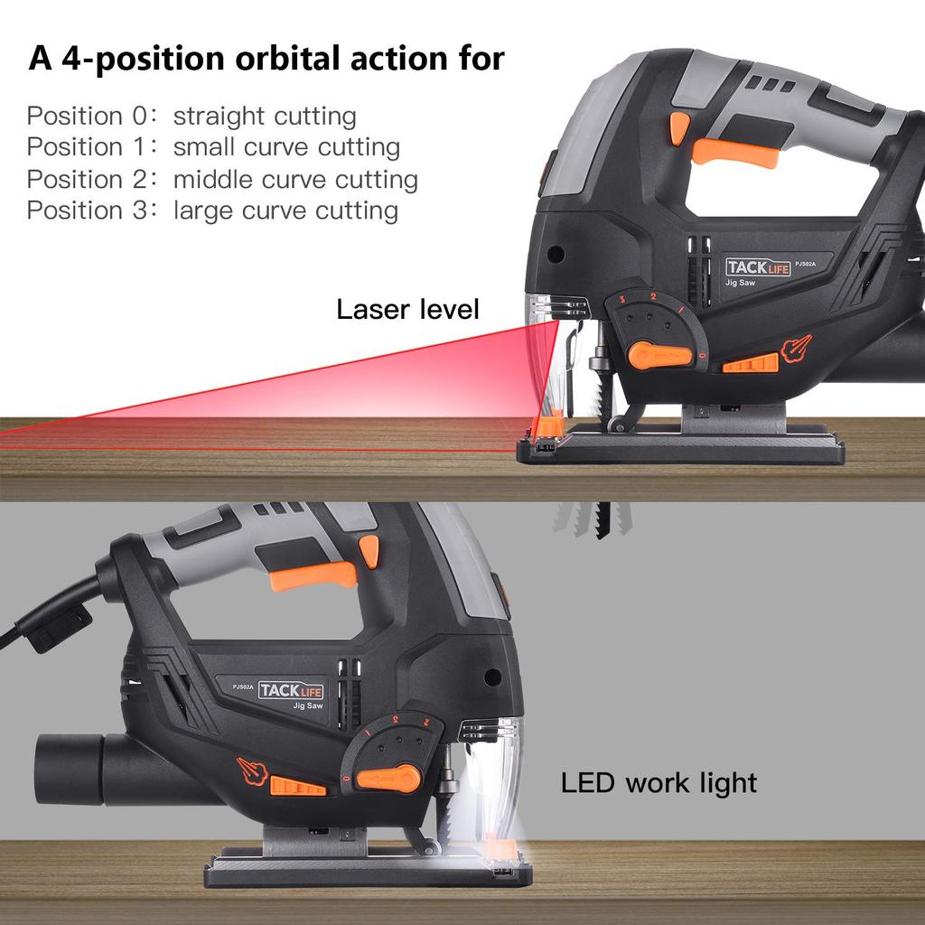 Tacklife 6.7 Amp 3000 SPM Jigsaw tool with Laser and LED， 6 Variable Speed， Carrying Case， 6 Blades， 45°Bevel Cutting and Tool-free Blade Changing and 10 Feet Cord - PJS02A