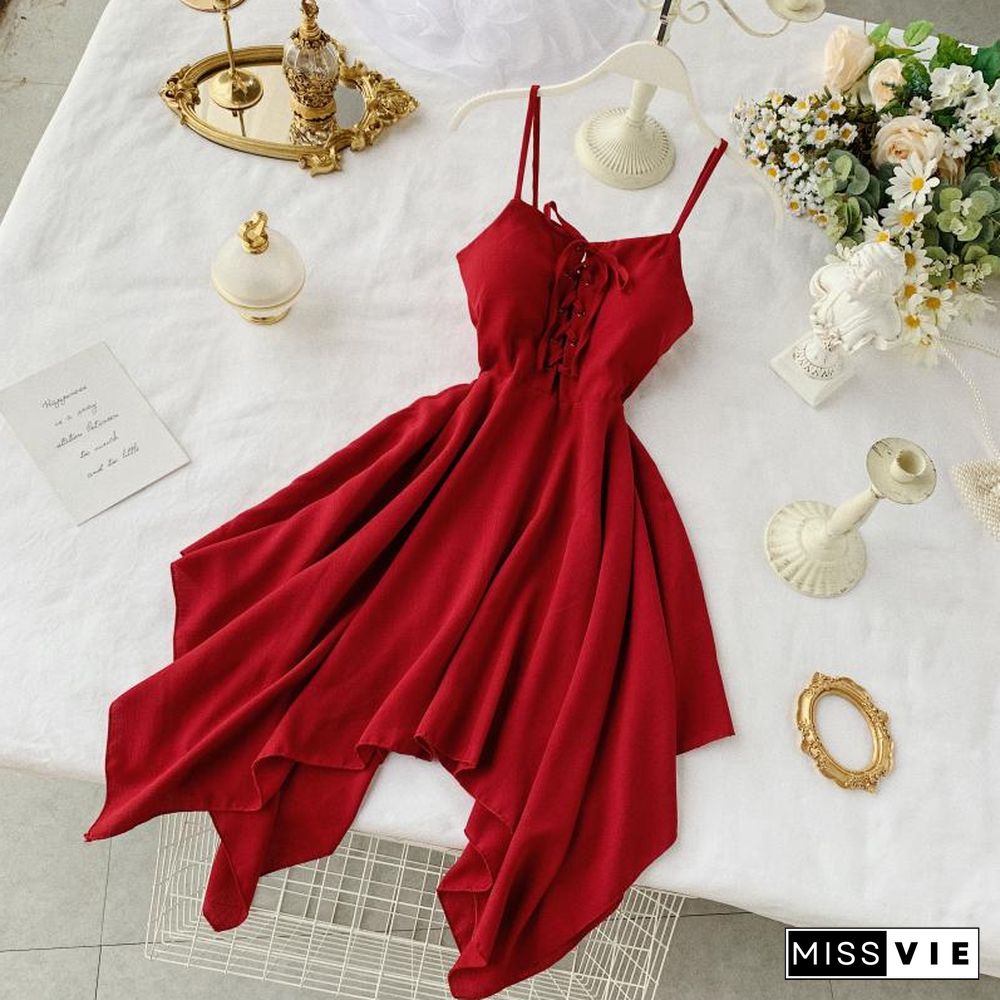 Summer Fashion Sexy Red Solid Design Dresses V Neck Sleeveless High Waist Lady Party Dress Lace Up Camis Mujer Dress New