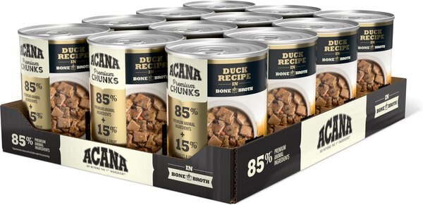 ACANA Premium Chunks Duck Recipe in Bone Broth Grain-Free Wet Dog Food， 12.8-oz can， case of 12