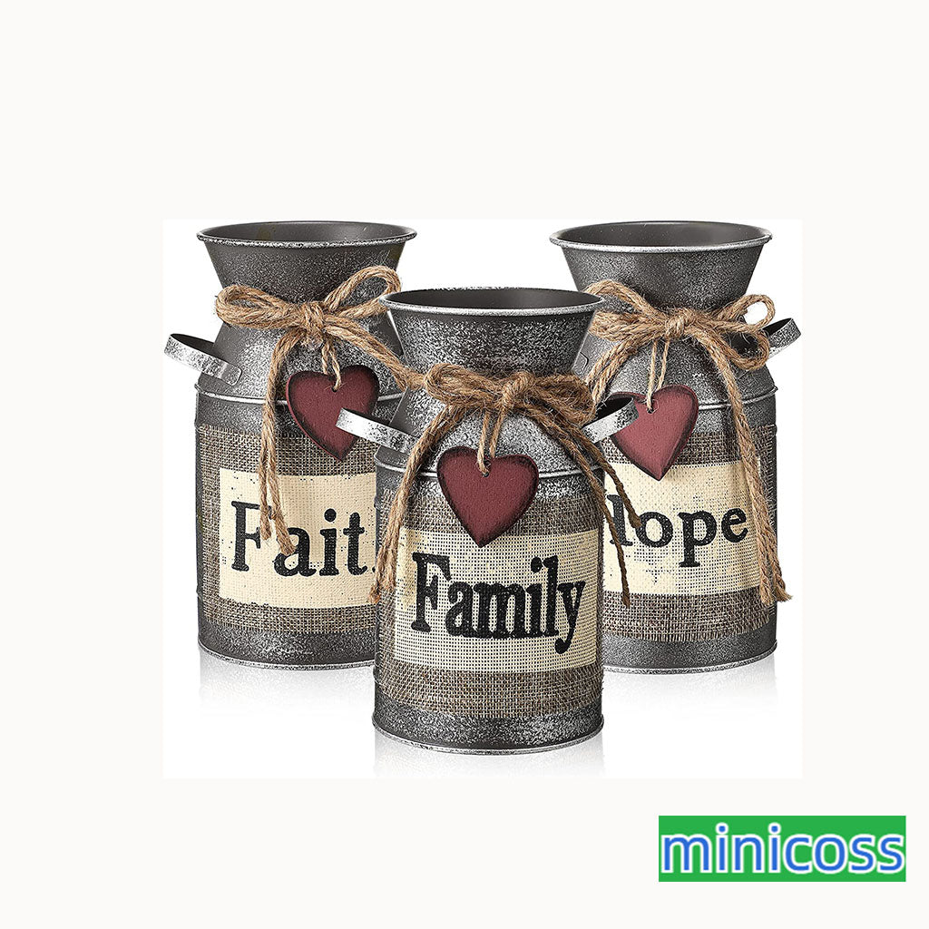 3 Pieces Metal Milk Can Farmhouse Vases Kitchen Decorations Above Cabinets Country Jug Milk Jug Vase for Living Room Bedroom Kitchen Bathroom Table, Hope,