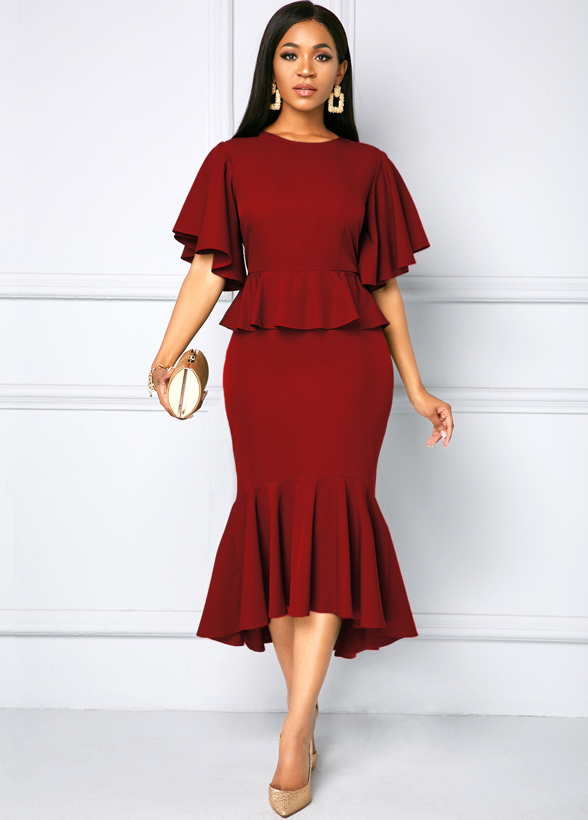 Solid Half Sleeve Round Neck Dress