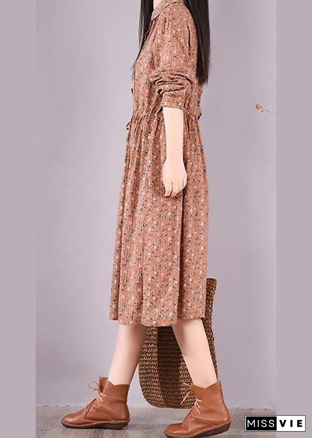 French Brown Print Dresses Lapel Drawstring Maxi Spring Dress