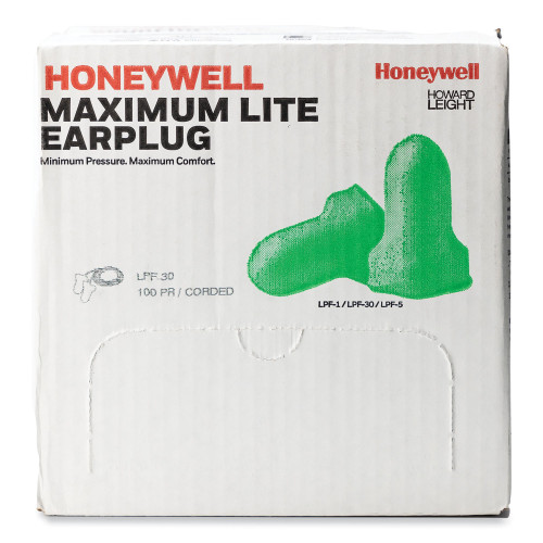 Howard Leight LPF-30 Max Lite Single-Use Earplugs， Corded， 30NRR， Green， 100 Pairs