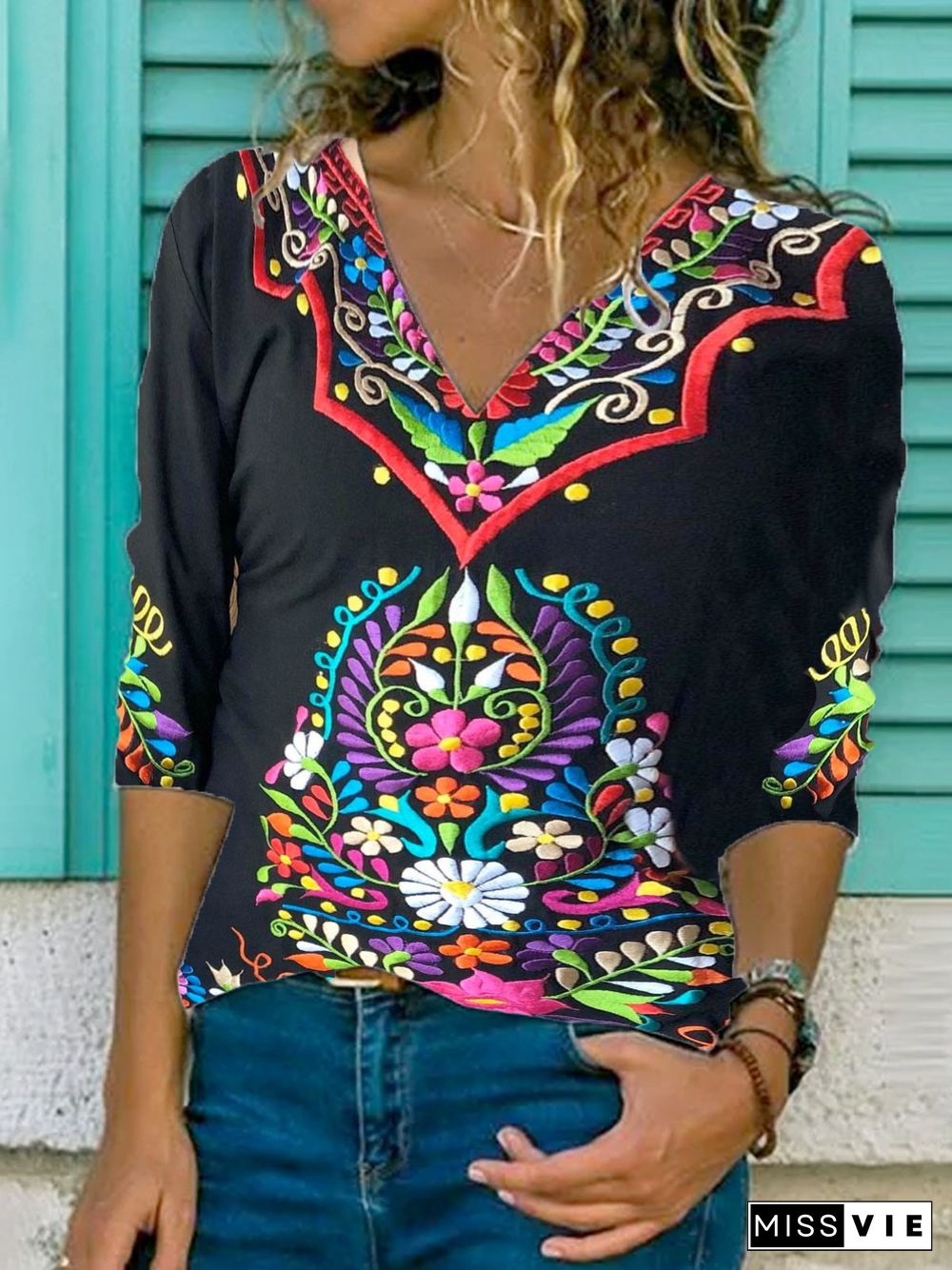 Jersey Casual Long Sleeve Floral T-shirt