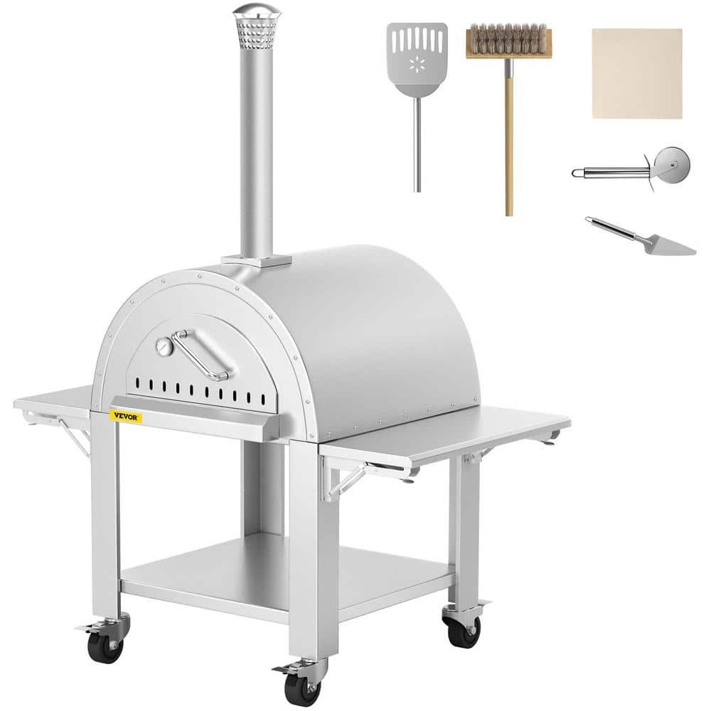 VEVOR Wood Outdoor Pizza Oven 32 in. Stainless Steel Fired Artisan Pizza Oven 3-Layer with Wheels, Silver HWPSKX3253149T6YRV0