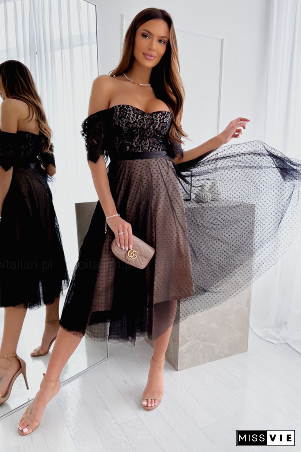 Black Dotted Lace Mesh Off Shoulder Evening Dress