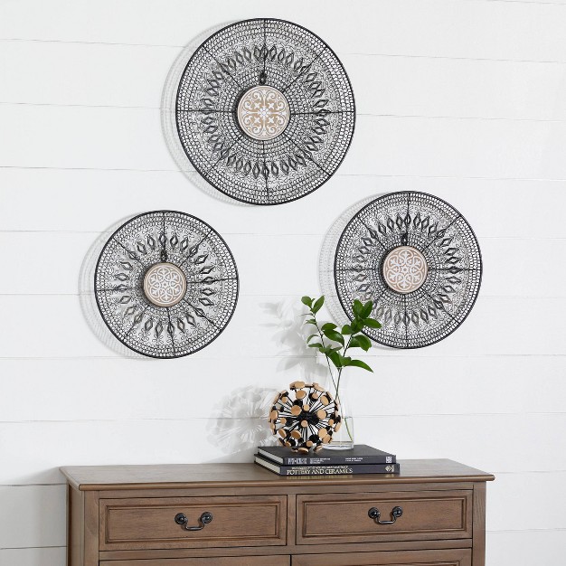 Set Of 3 Metal Plate Wall Decors With Intricate Pattern Black Olivia amp May