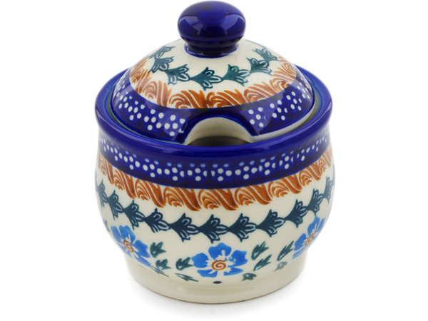 Polish Pottery 8 oz Sugar Bowl (Blue Cornflower Theme) Hand Painted in Boleslawiec， Poland + Certificate of Authenticity