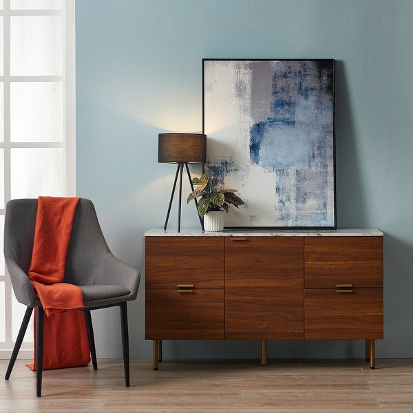 Wooden Sideboard Storage Cabinet with Faux Marble Top， White/Walnut