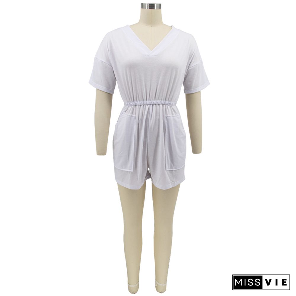 V-neck Solid Color Short Sleeve Casual Rompers