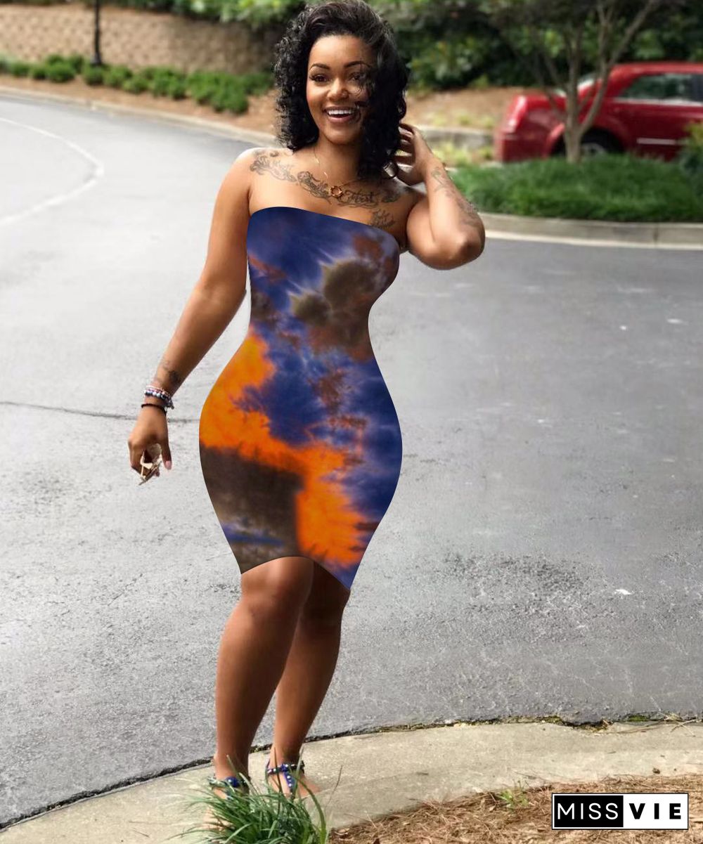 Tie Dye Print Bodycon Sexy Tube Midi Dress