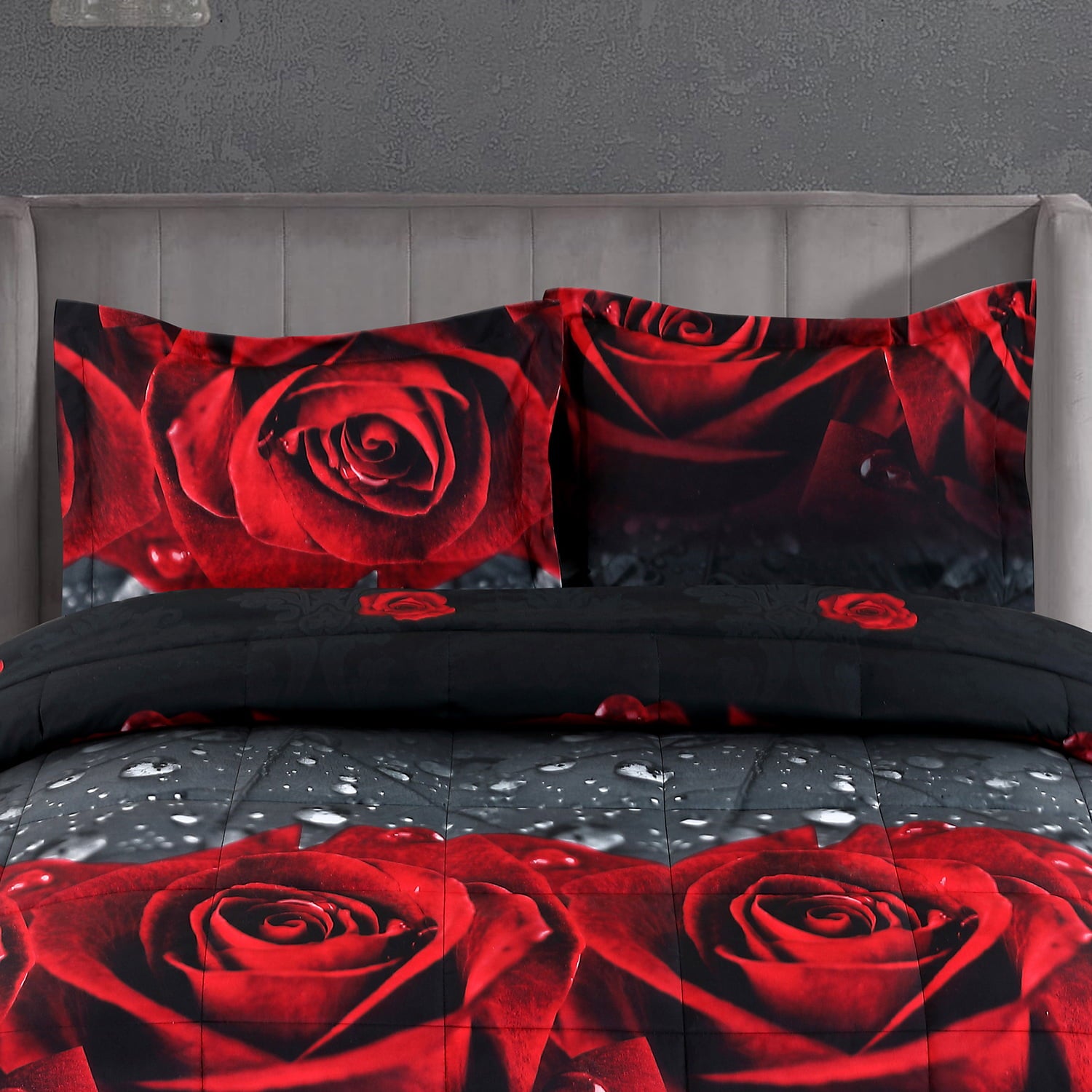 3 Piece 3D Rose Love Romantic Moment Printed Comforter Set Queen King Size (Y28) - Box Stitched， Soft， Breathable， Fade Resistant -Includes 1 Comforter， 2 Shams