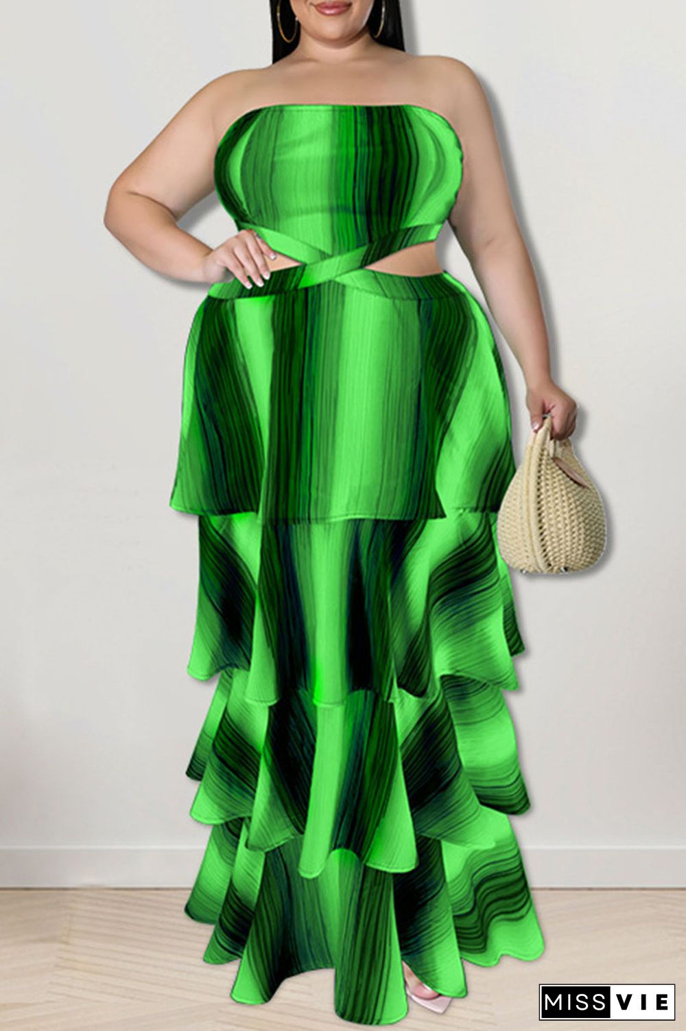 Green Sexy Striped Print Hollowed Out Patchwork Strapless Cake Skirt Plus Size Dresses