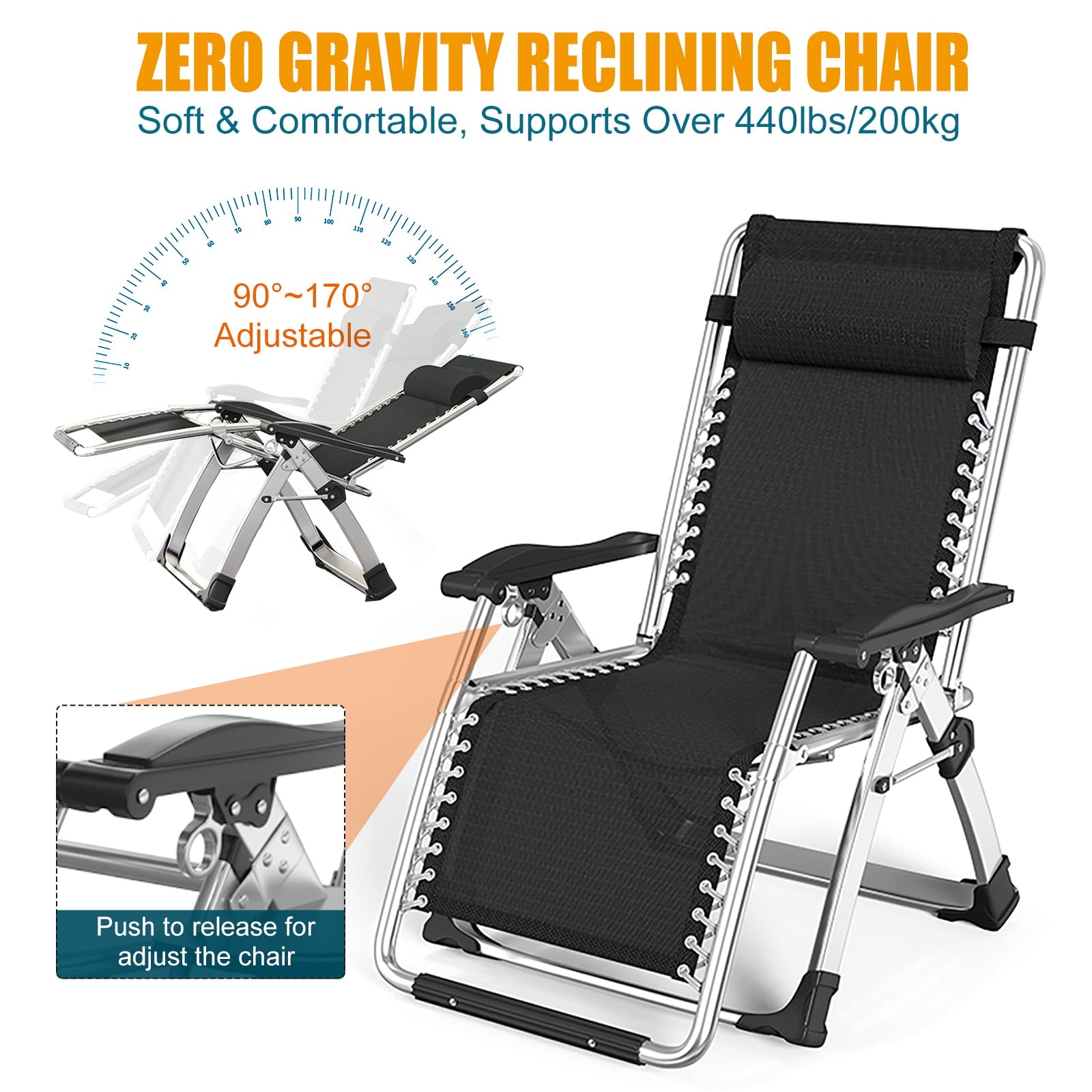 Docred Oversized Padded Zero Gravity Chair, Folding Outdoor Patio Recliner w/ Headrest &Detachable Cushion Side Tray