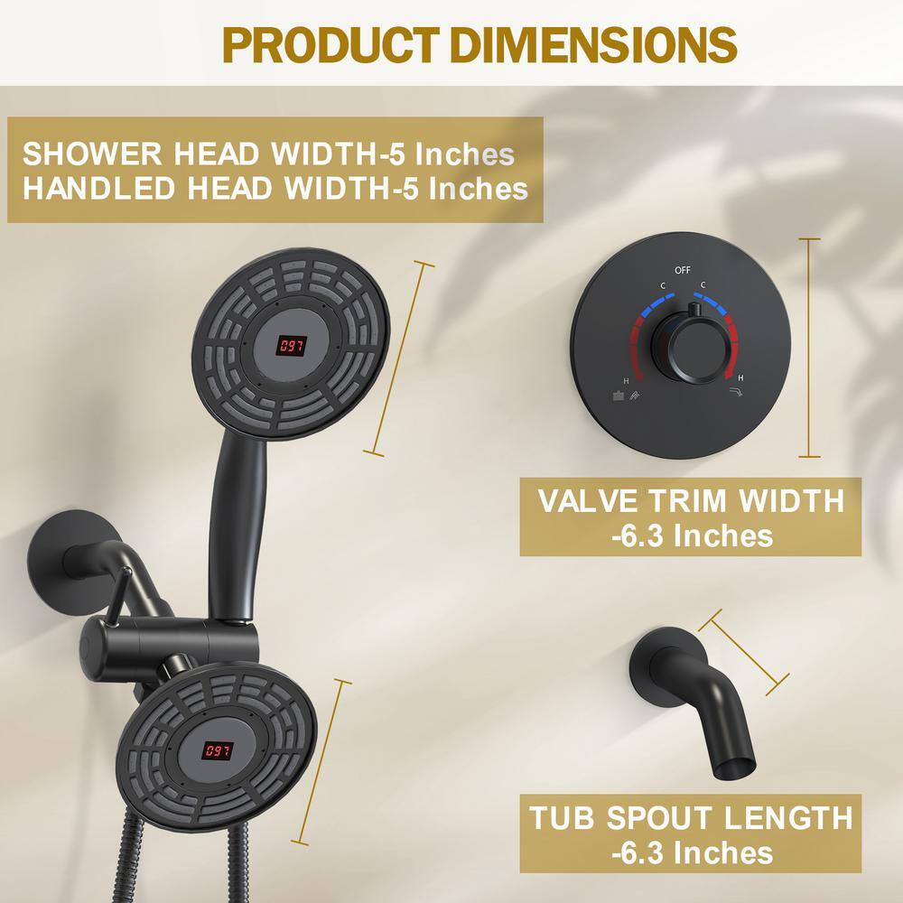 CRANACH Single Handle 3-Spray Tub and Shower Faucet 2.5 GPM Temperature Display Shower Head in Matte Black (Valve Included) SRSFS-1020-BK5