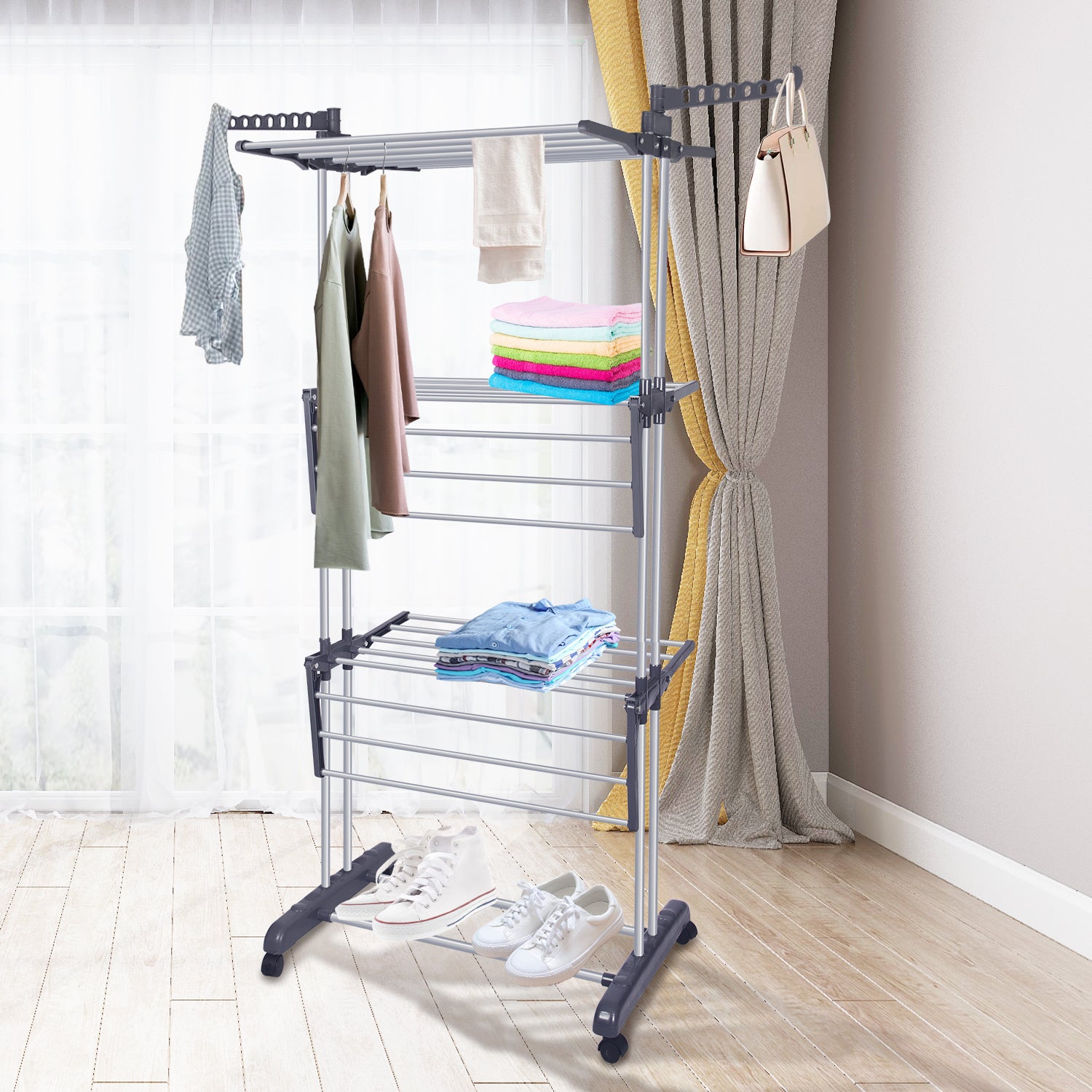 Bigzzia 3 Tiers Clothing Drying Rack,Stainless Steel Shoe Rack with Casters,Shelf for Storage,Stainless Steel Hanging Rods,Removable Drying Rack for Indoor and Outdoor Use,Gray.