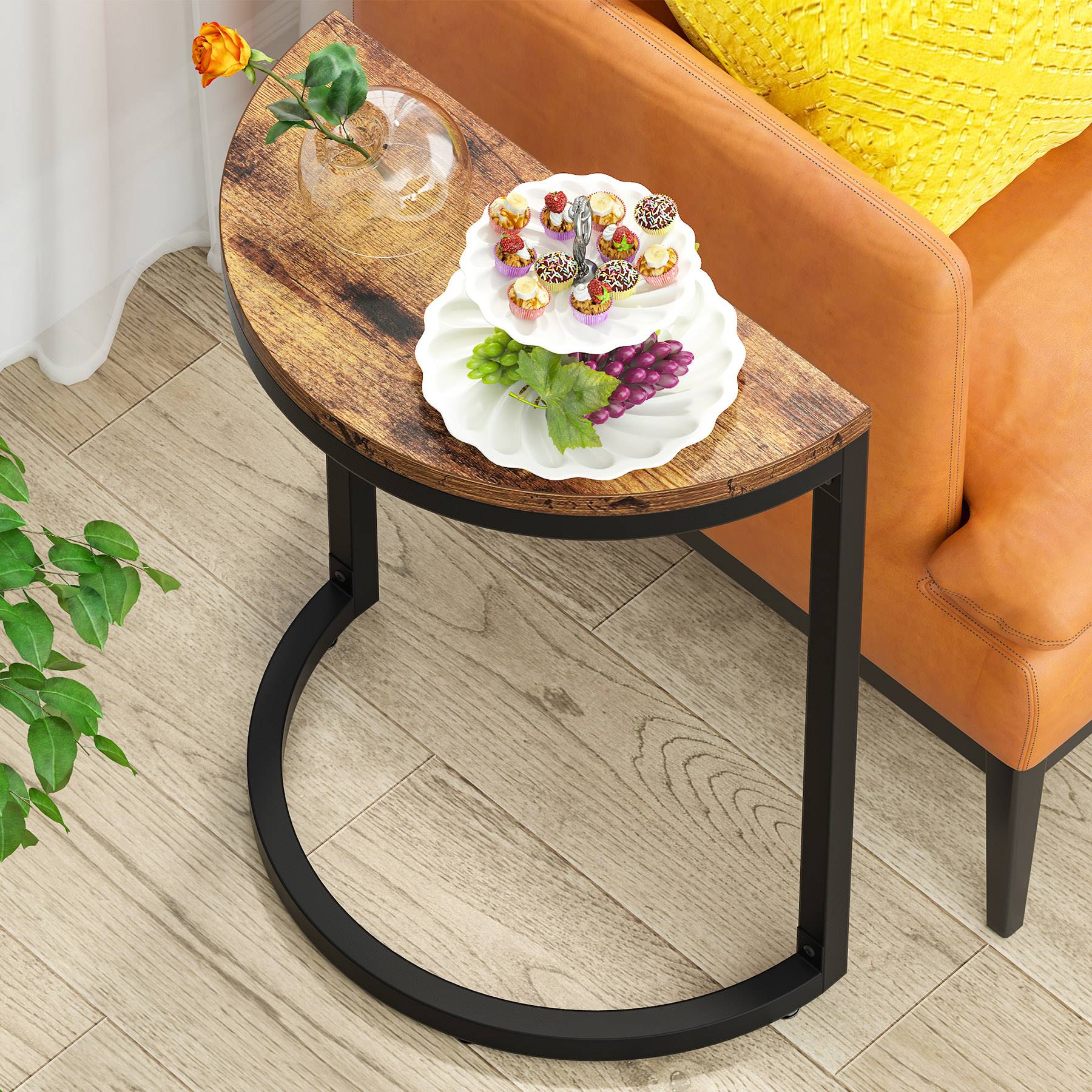 Half Round End Table, Narrow Side Table with Metal Frame