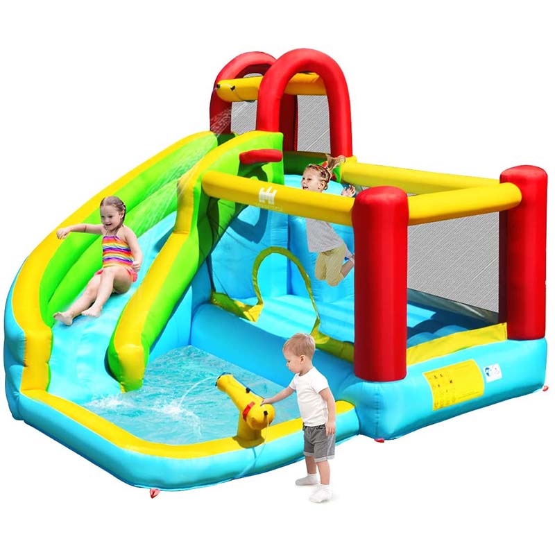 6-in-1 Kids Inflatable Bounce House Water Park with Trampoline, Splash Pool, Climbing Wall, Water Slide & Gun, Basketball Rim