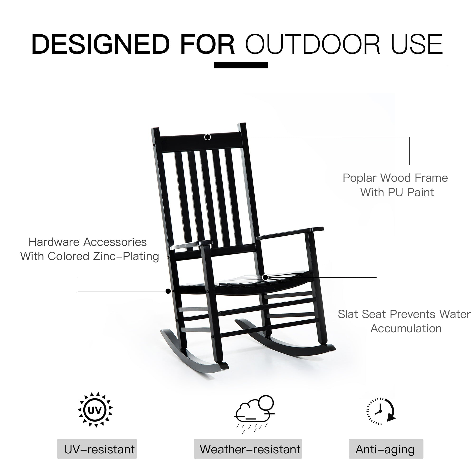 Outsunny Outdoor Rocking Chair, Wooden Rustic High Back All Weather Rocker, Slatted for Indoor, Backyard & Patio, Black