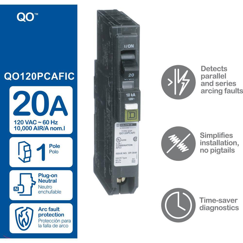 Square D QO 20 Amp Single-Pole Plug-On Neutral Combination Arc Fault Circuit Breaker QO120PCAFIC