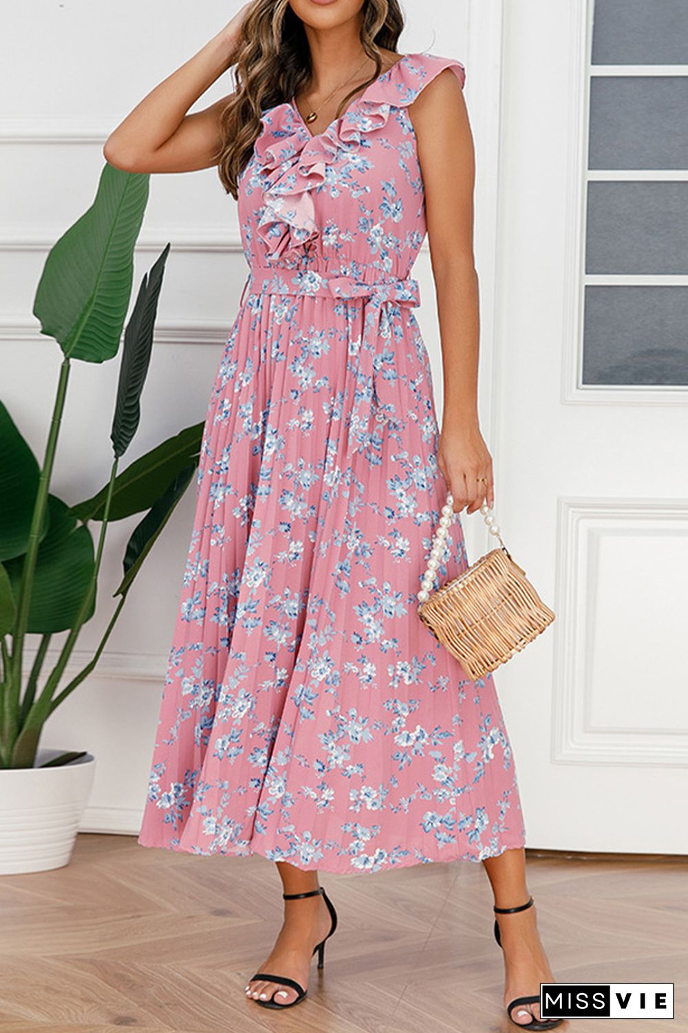 Sleeveless Smocked Tie Waist Floral Dress