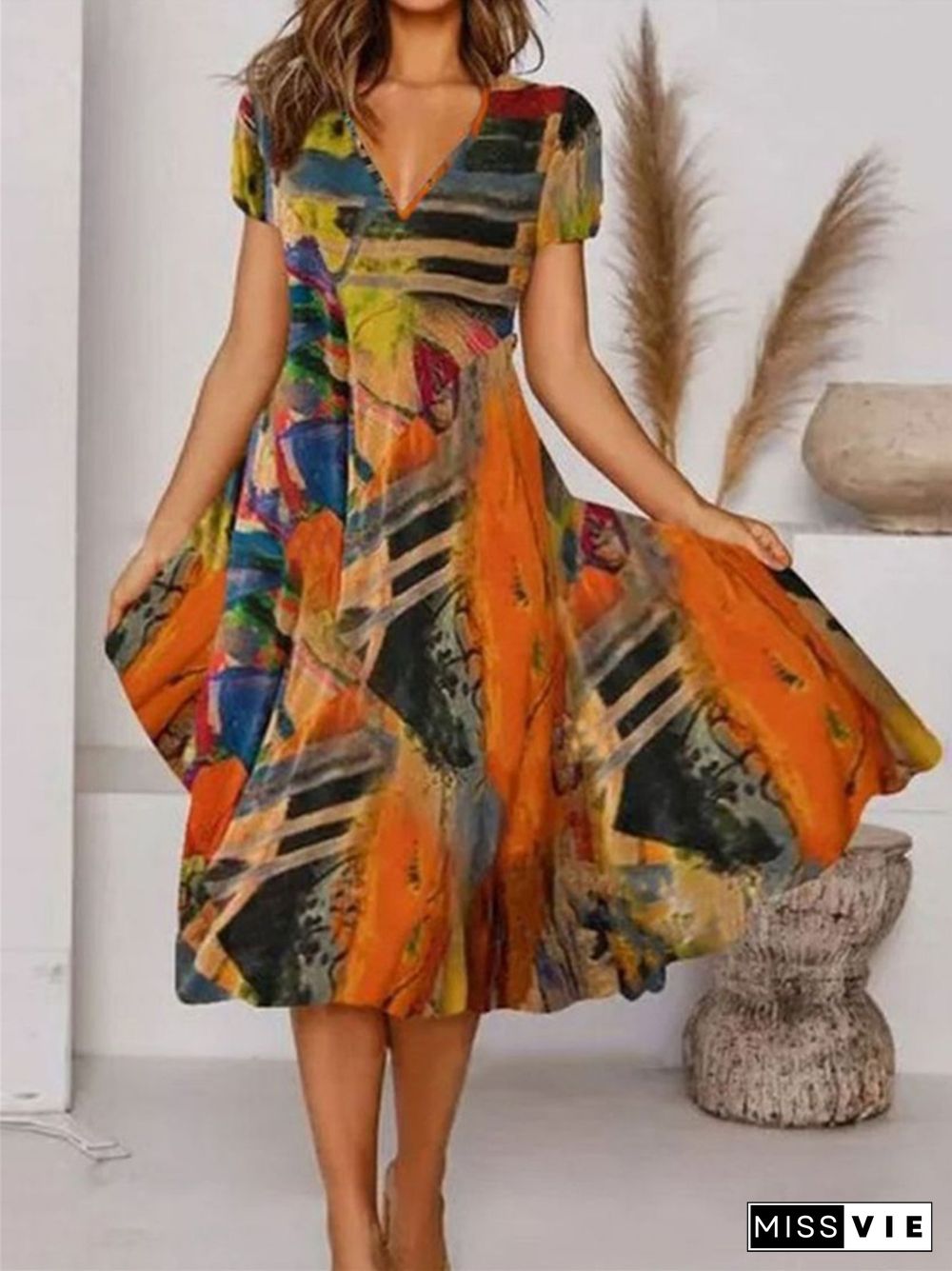 Long Skirt Casual V-neck Swing Bohemian Short Sleeve Dress