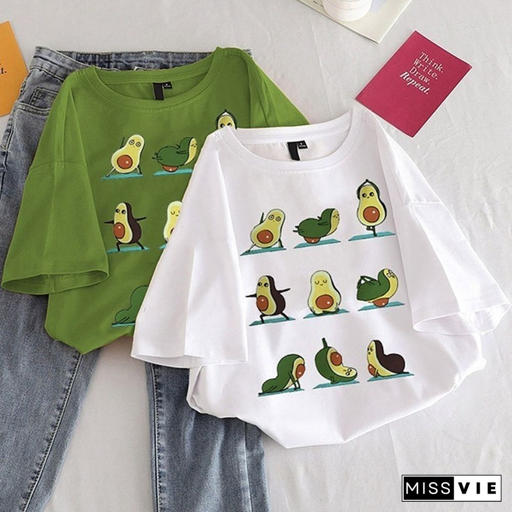 Kawaii Cartoon Avocado Short Sleeve T-shirt Women Casual Avocado Graphic Tops Female Tee Summer Women T-shirts Tops