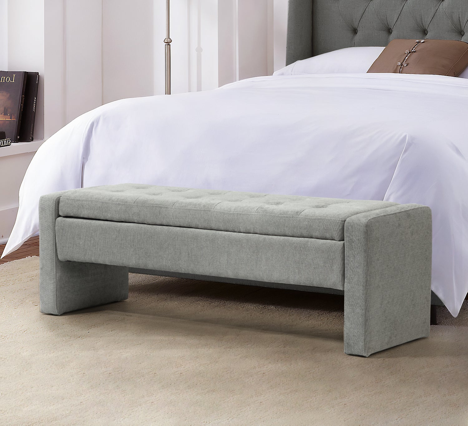 ARTFUL LIVING DESIGN Storage Entryway Bench, Upholstered Bench for Bedroom Living Room, Grey