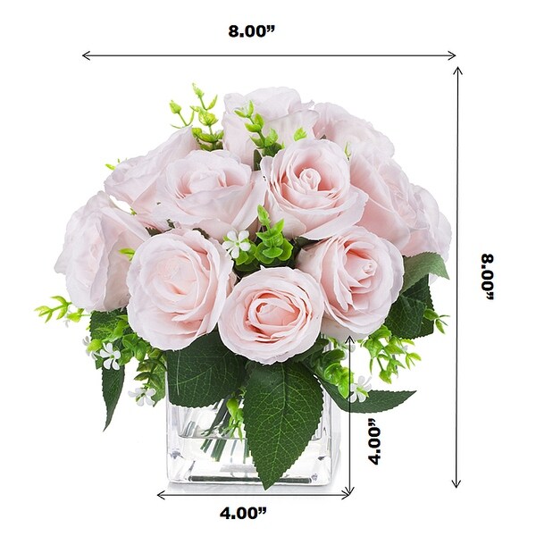 Enova Home Artificial 18 Heads Silk Roses Fake Flowers Arrangement in Clear Glass Vase with Faux Water for Home Office Decor