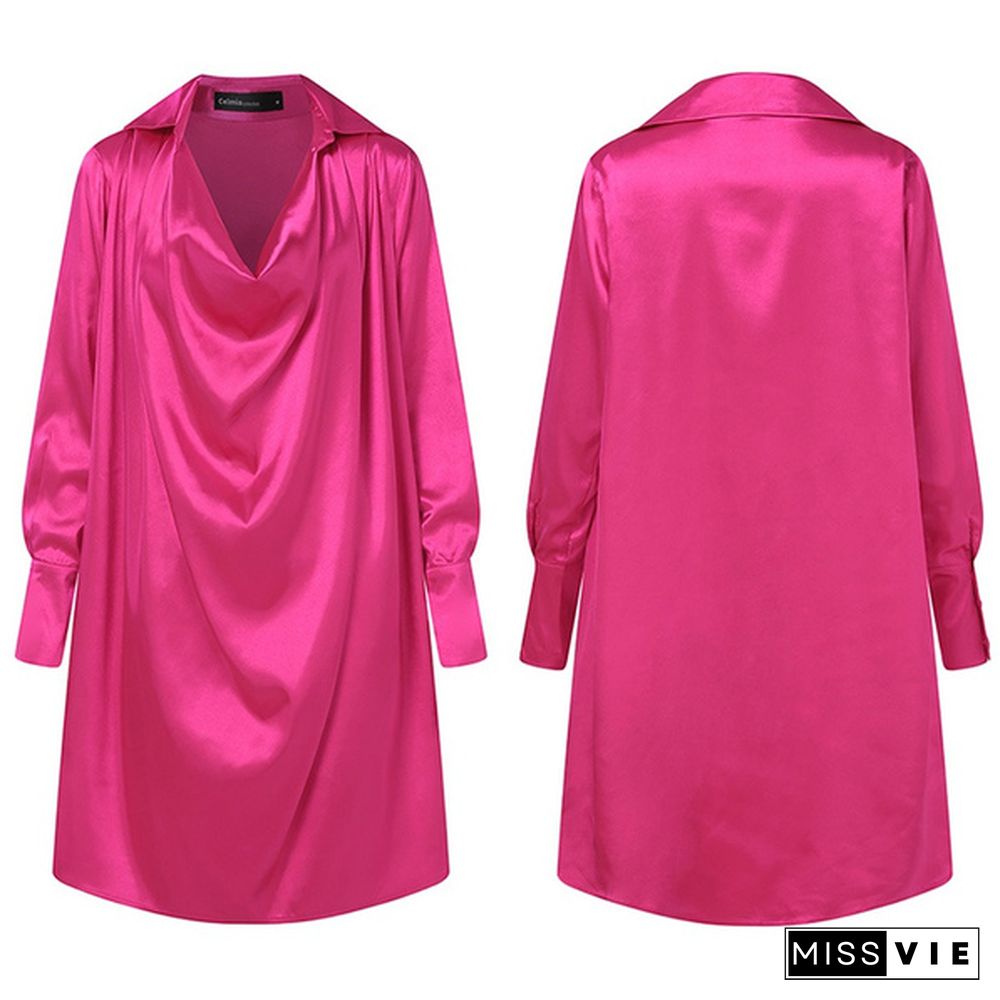 Women Long Sleeve Mini Dress Satin Silk Lapel Cowlneck Party Casual Loose Shirt Dress Plus Size