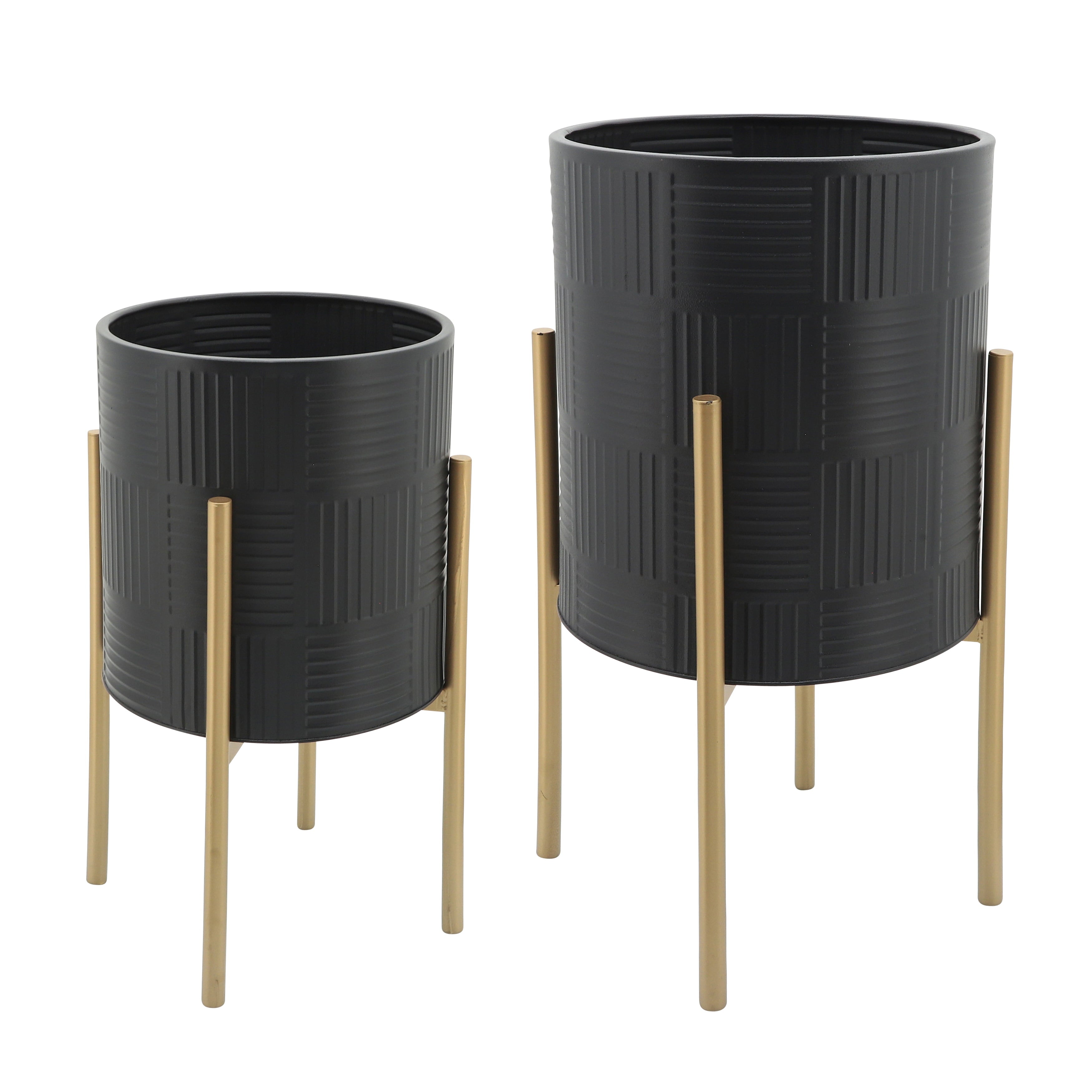 Sagebrook Home Set Of 2 Planter With  Lines On Metal Stand, Black/Gold, Round, Iron, Contemporary, 23