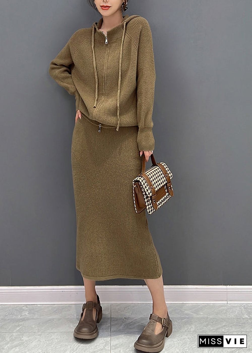 Casual Brown Zippered Hooded Knit Sweaters And Maxi Skirts Two Piece Set Winter