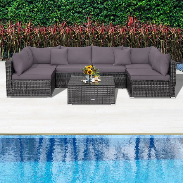 Tangkula 7pcs Patio Rattan Sectional Sofa Set Outdoor Furniture Set W Cushions