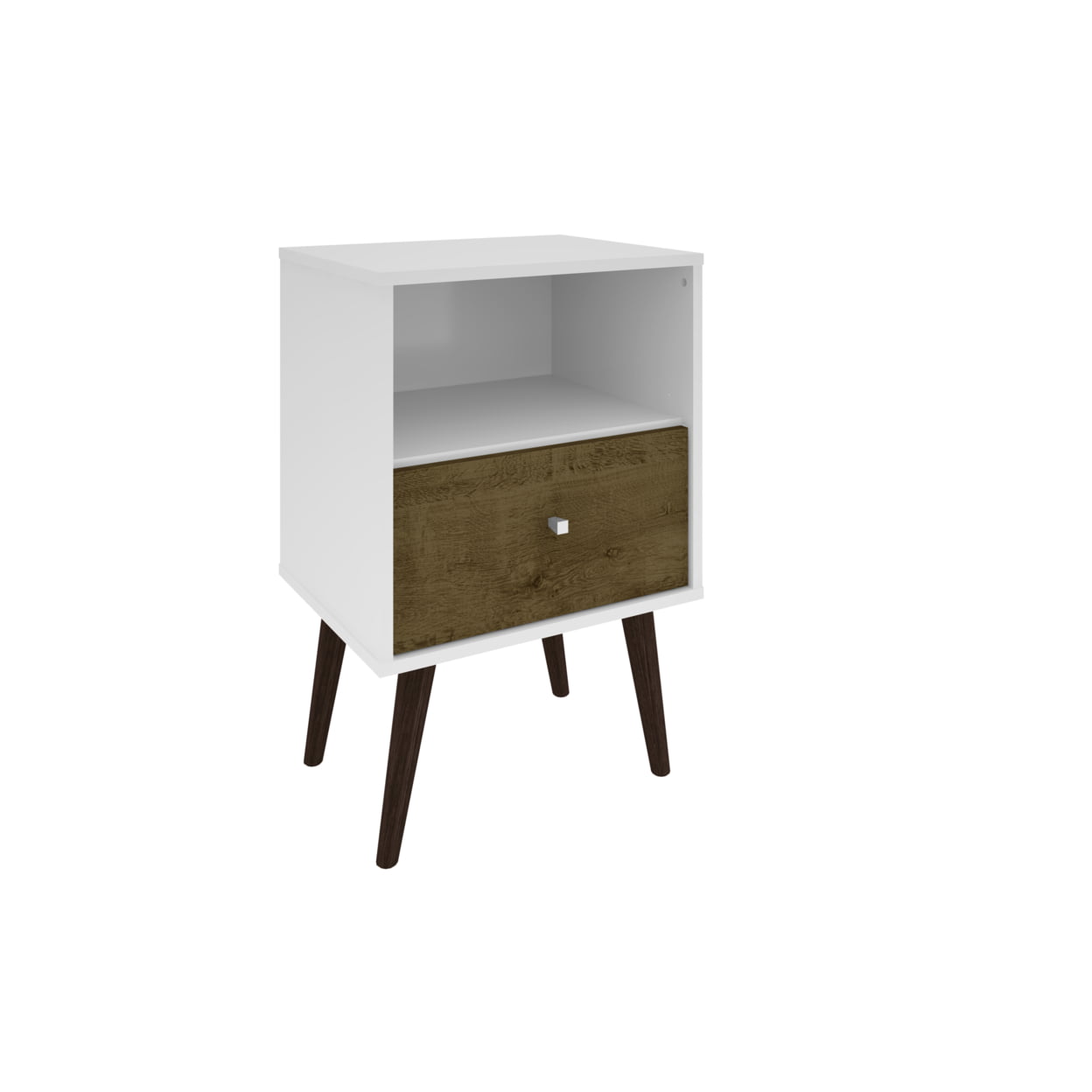 Manhattan Comfort Liberty Mid Century - Modern Nightstand 1.0 with 1 Cubby Space and 1 Drawer in White and Rustic Brown with Solid Wood Legs