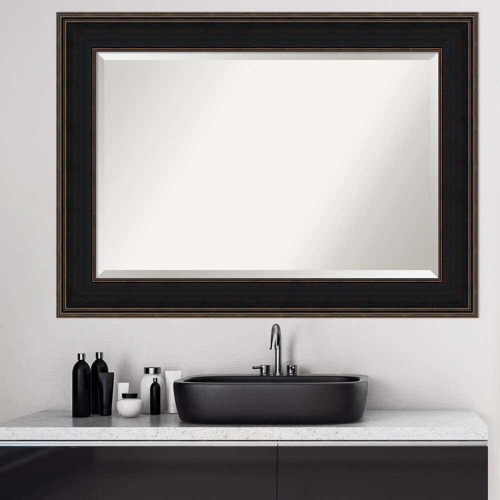 Beveled Wood Bathroom Wall Mirror   Mezzanine Espresso Frame   Outer Size: 44 x 32 in