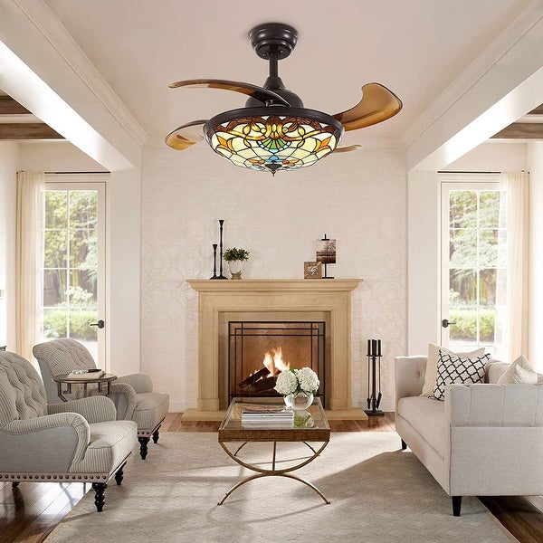 36'' Retractable  Ceiling Fan with Light and Remote Reversible Stained Chandelier Fan with Dimmable LED Light Shopping - The Best Deals on Ceiling Fans | 40911142