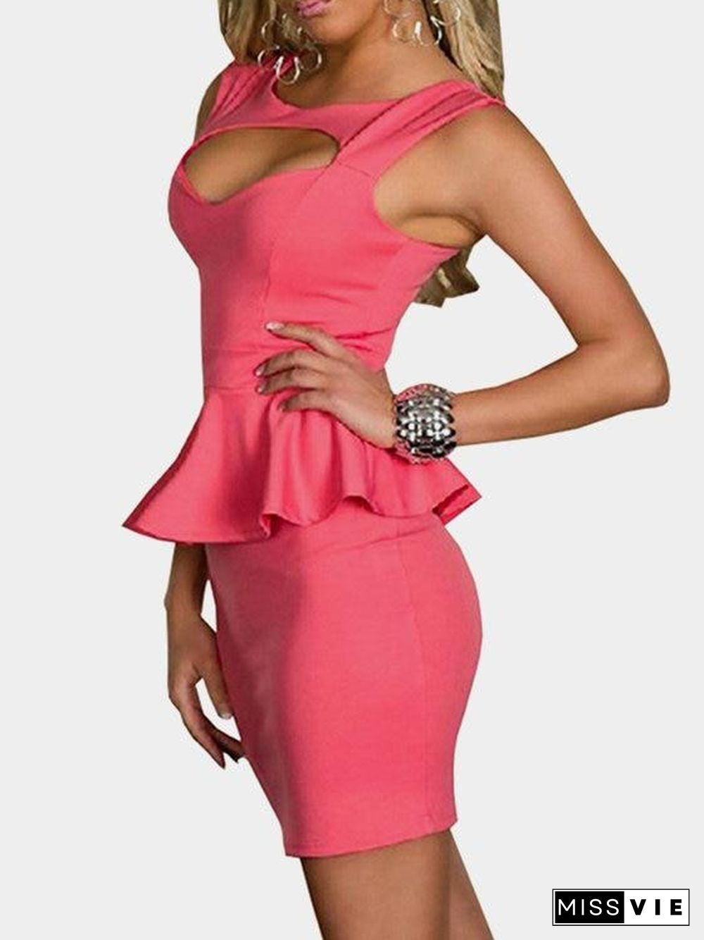 White Cut Out Flounce Peplum High-Waist Sleeveless Sexy Party Dress