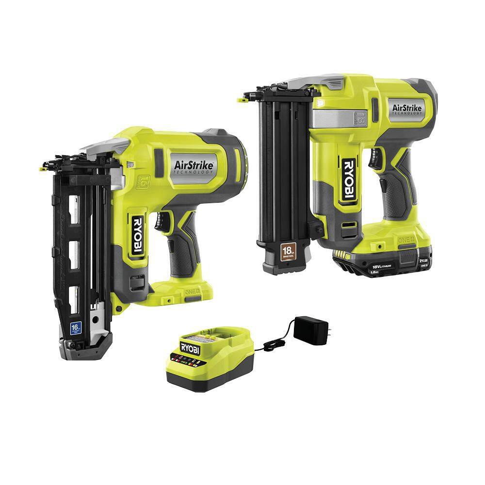 RYOBI ONE+ 18V Cordless 18-Gauge AirStrike Brad Nailer Kit with 16-Gauge AirStrike Finish Nailer 1.5 Ah Battery and Charger PCL1202KN1