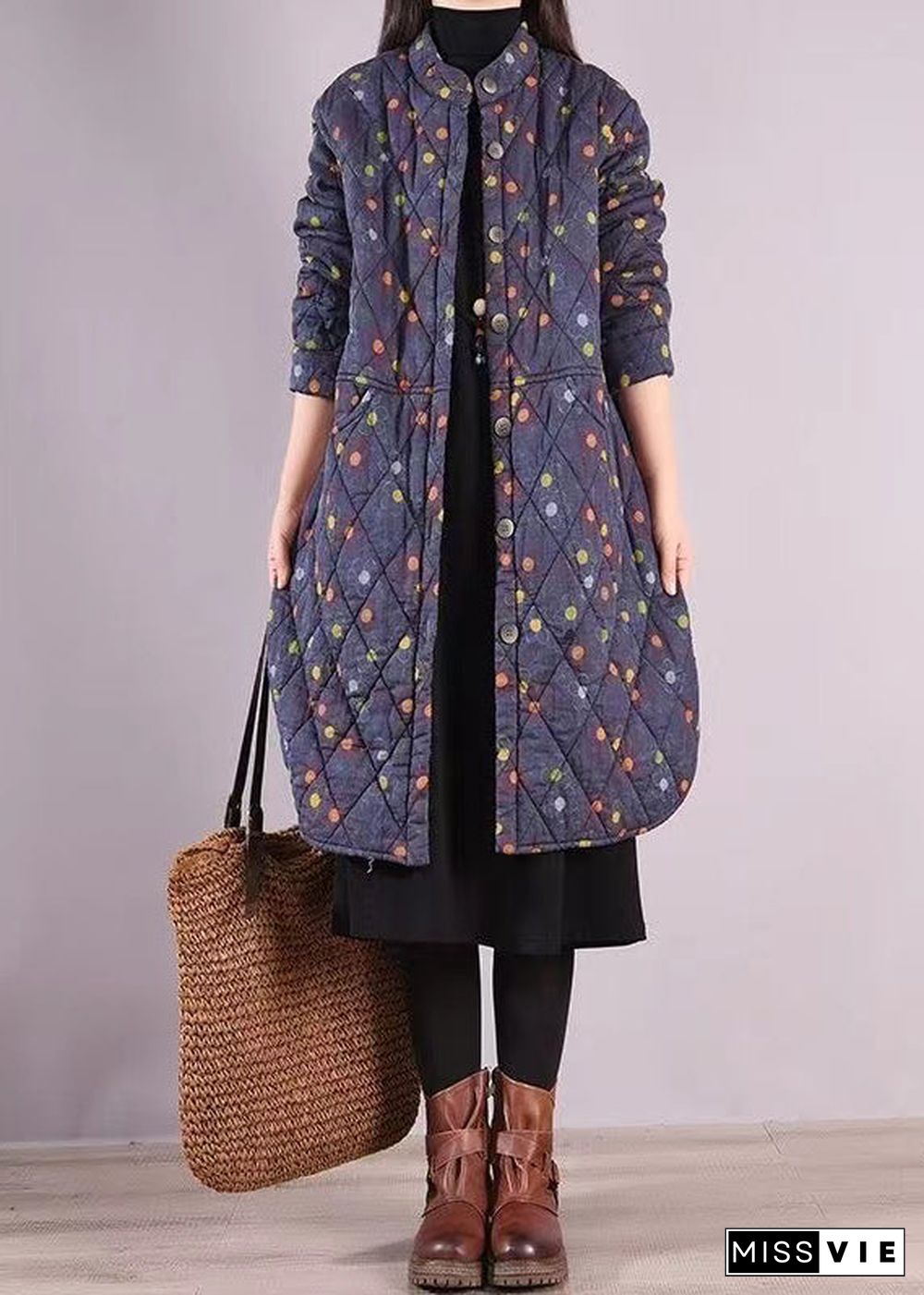 Women Blue Stand Collar Pockets Patchwork Fine Cotton Filled Coat Winter