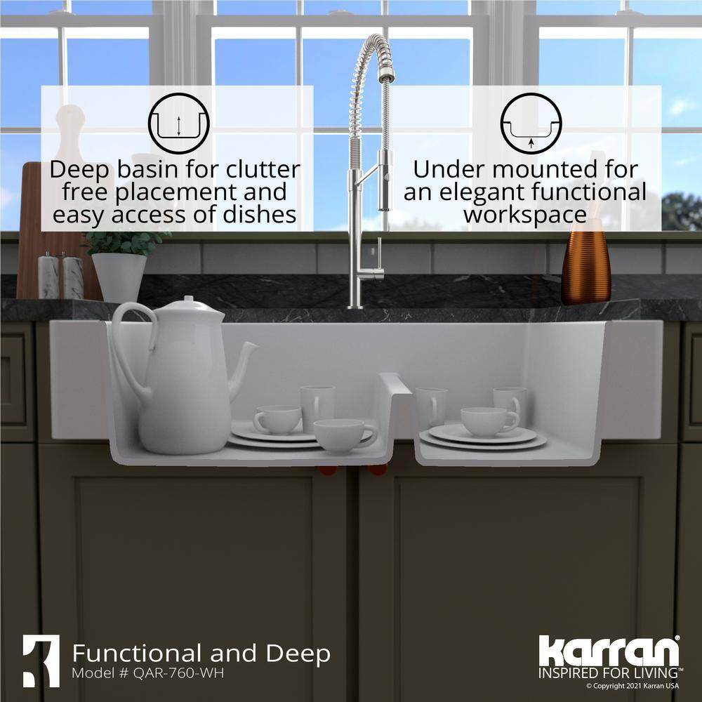 Karran QAR-760 QuartzGranite 34 in. Double Bowl 6040 Retrofit FarmhouseApron Front Kitchen Sink in white wGrid and Strainer QAR-760-WH-PK1