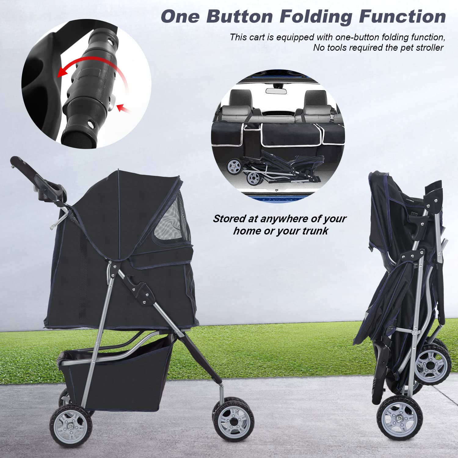 BestPet 3 Wheels Pet Stroller Dog Cat Stroller Folding Carrier Waterproof with Cup Holder (Black)