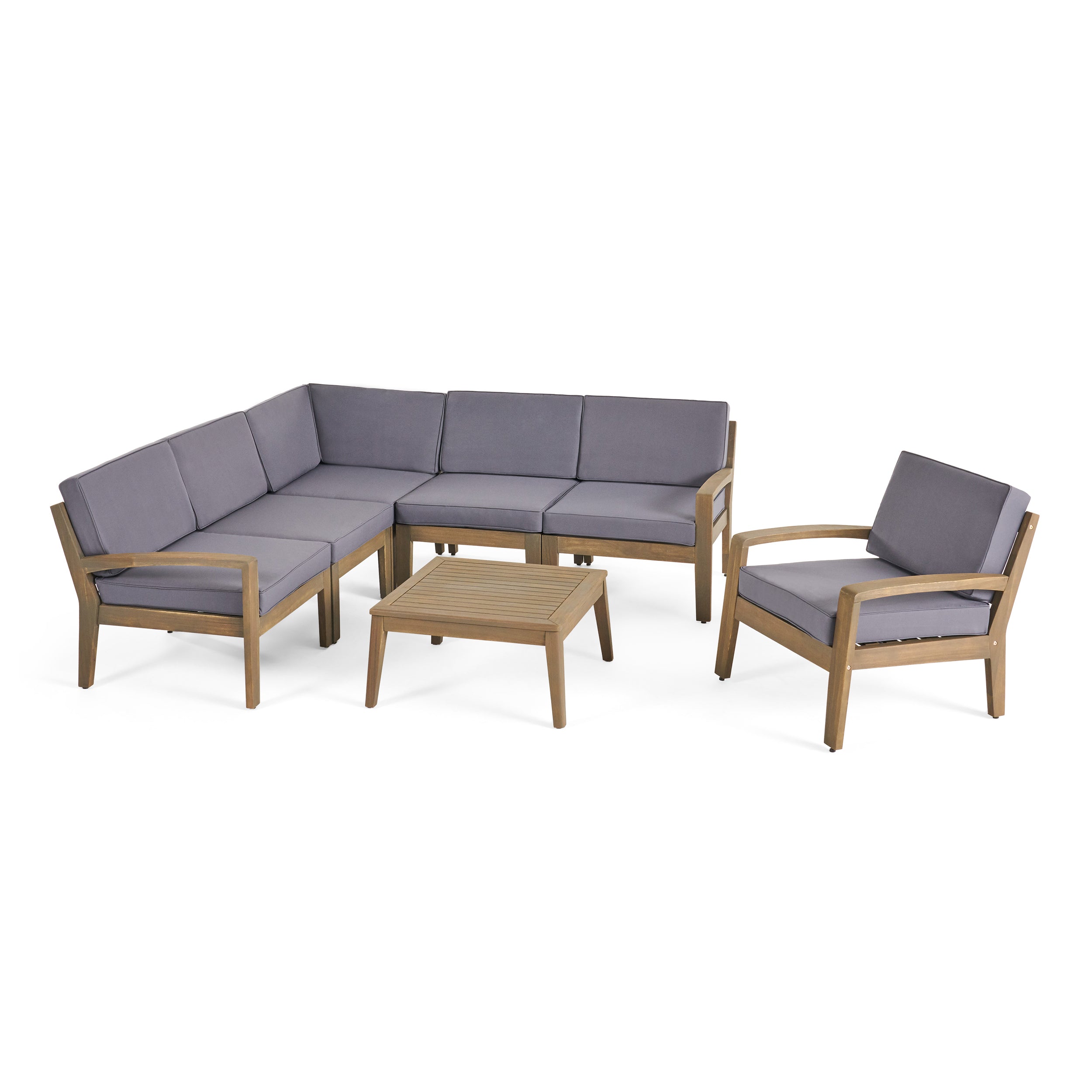 Giselle Outdoor Acacia Wood 6 Seater Sectional Sofa and Club Chair Set with Coffee Table