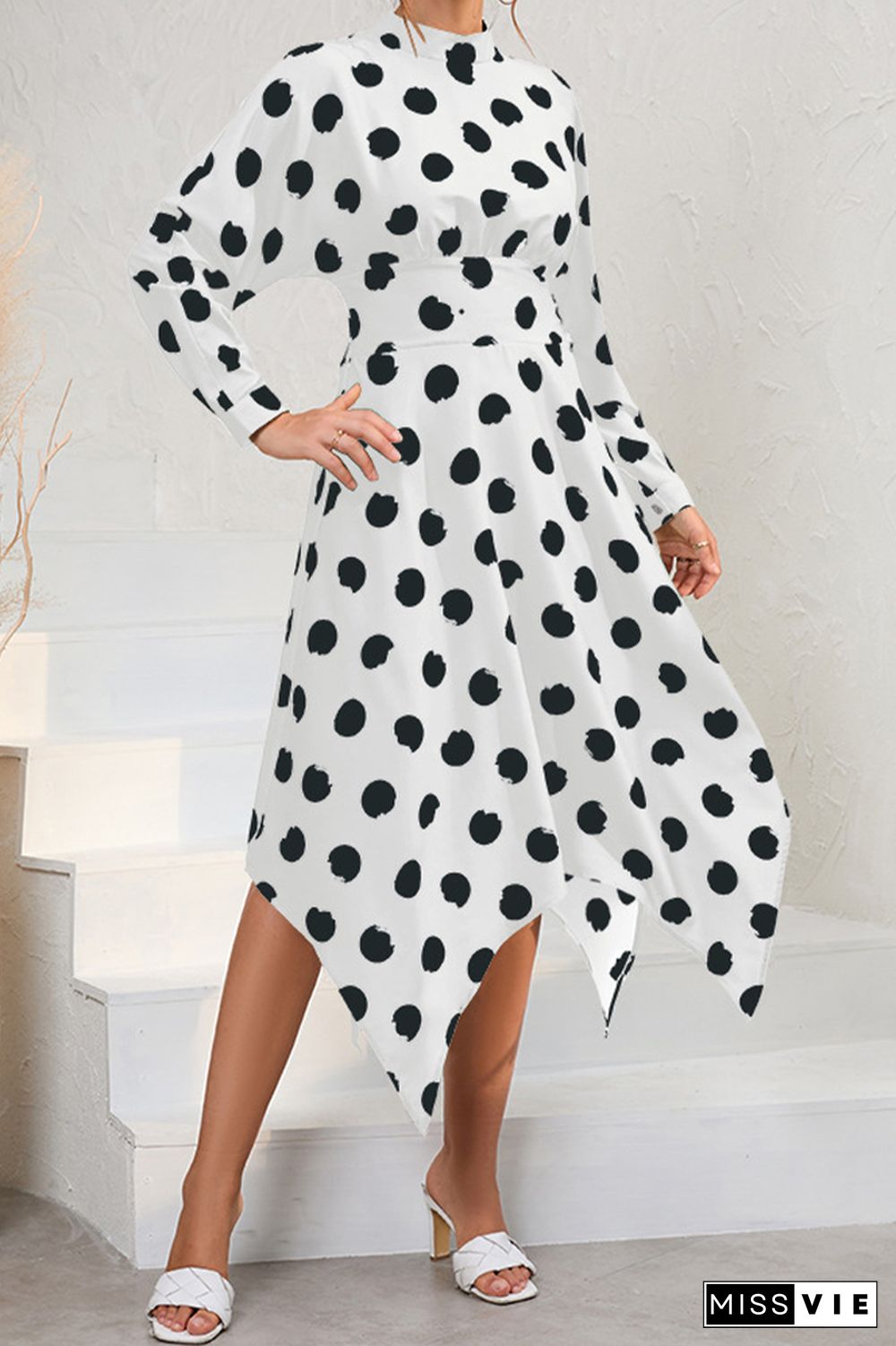 Long Sleeve High Waist Polka Dot Dress