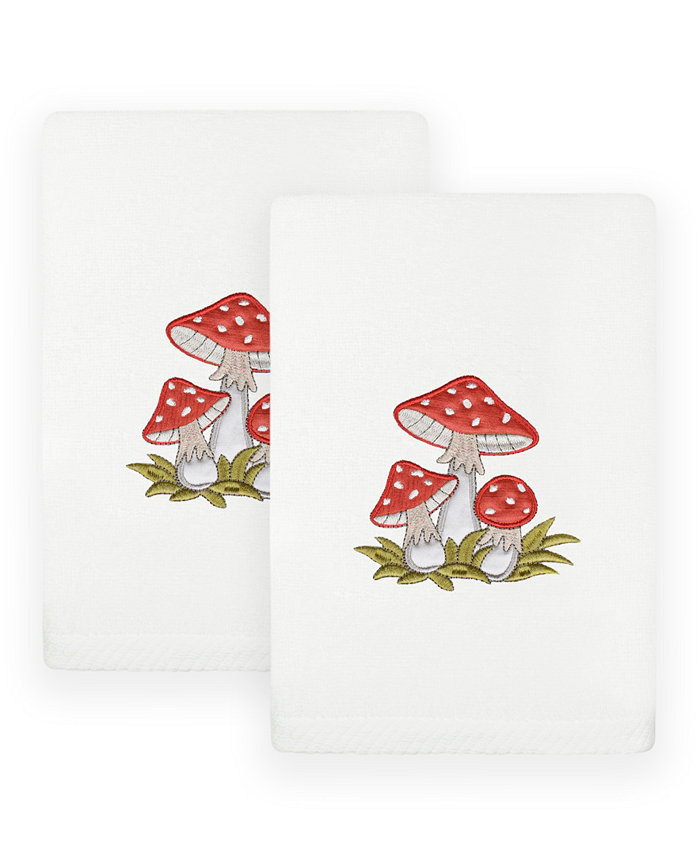 Linum Home Textiles Spring Mushrooms Embroidered Luxury 100% Turkish Cotton Hand Towels Set of 2 30 x 16