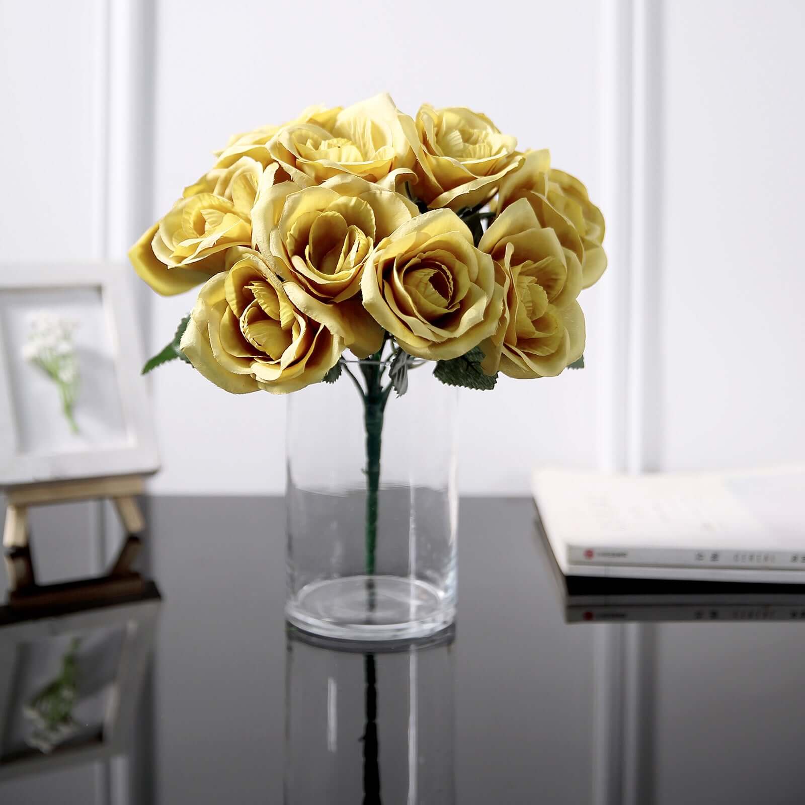 Gold Artificial Velvet-Like Fabric Rose Flower Bouquet Bush 12